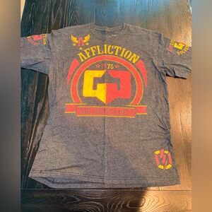 Affliction Charcoal Tee with Red and Yellow Graphics